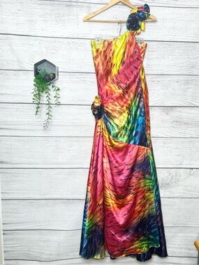 Couture Rainbow One-Shoulder Maxi Dress Evening Gown Size Small Prom Pride Drama